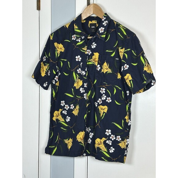 Vans Other - Vans Hawaiin Floral Button-up Collared Shirt Boys Size L Black with Yellow